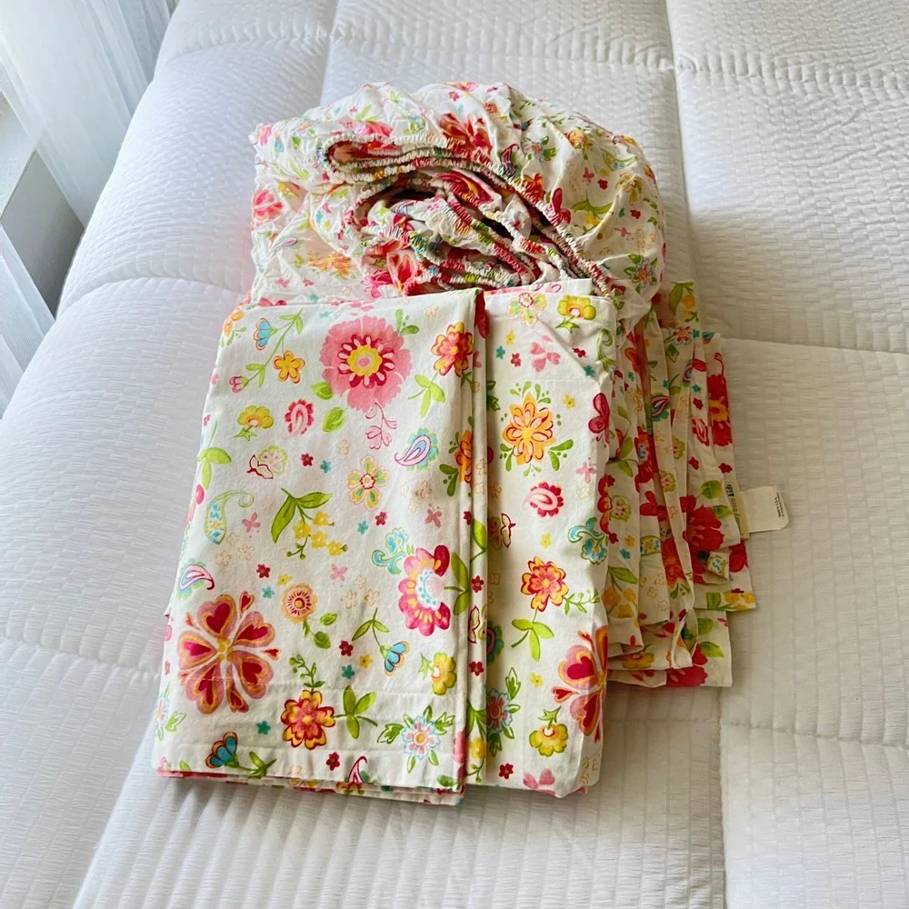 Vtg. Pottery Barn Kids Queen Sheet Set Cotton Floral Paisley Garden Party USA